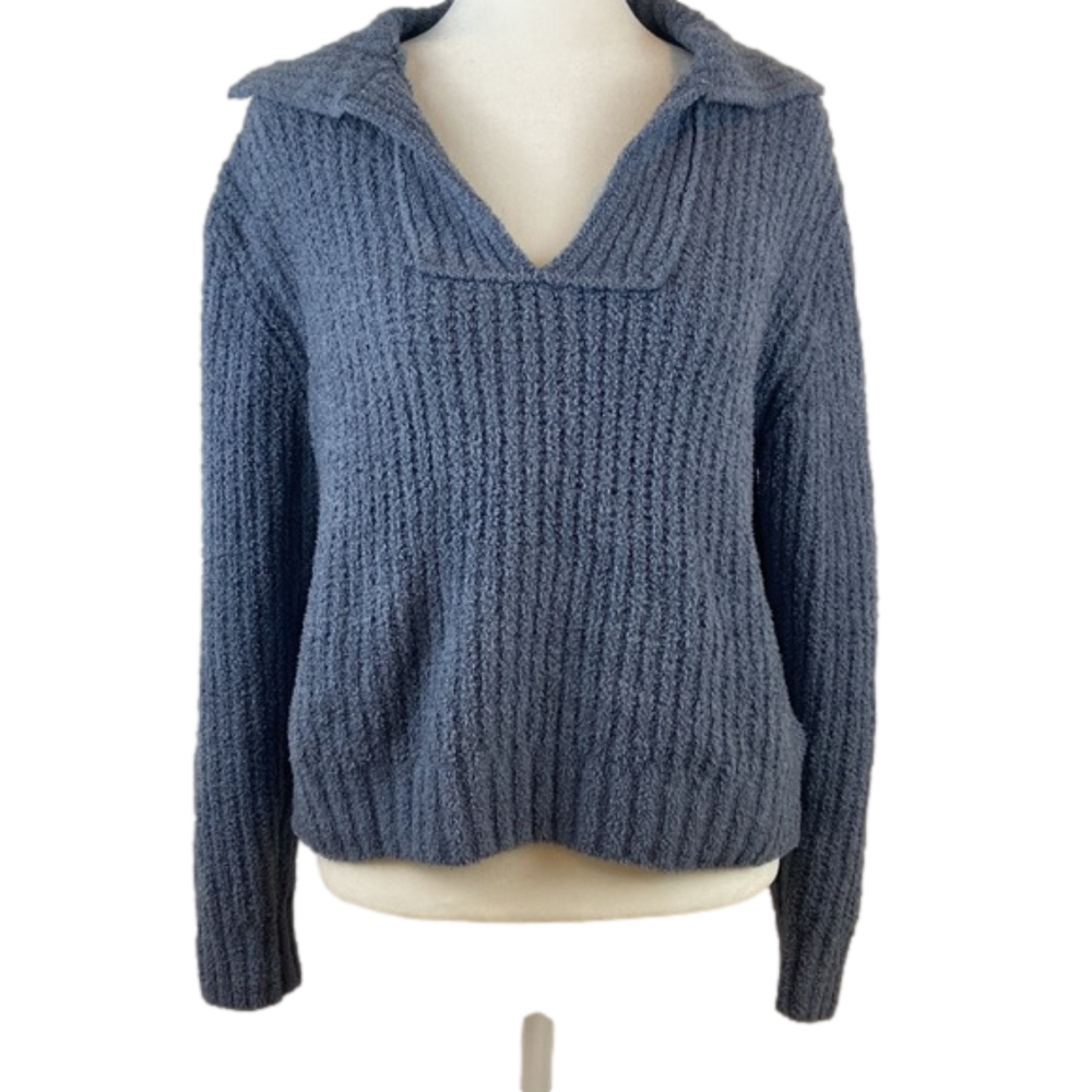Sincerely Jules Blue Sweater Super Soft Collared Waist Length Cabincore Cozy
